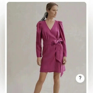 Country Road Magenta Pink Linen Long Sleeve Wrap Mini Dress Size 4